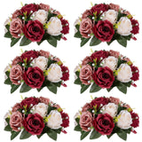 Artificial Flower Centrepieces For Tables - 6 Pcs Burgundy & Dusty Rose & Creamy White Fake Flowers Roses Balls 9.5In Diam - Silk Faux Rose Arrangement For Wedding Party Centerpiece Table Decor