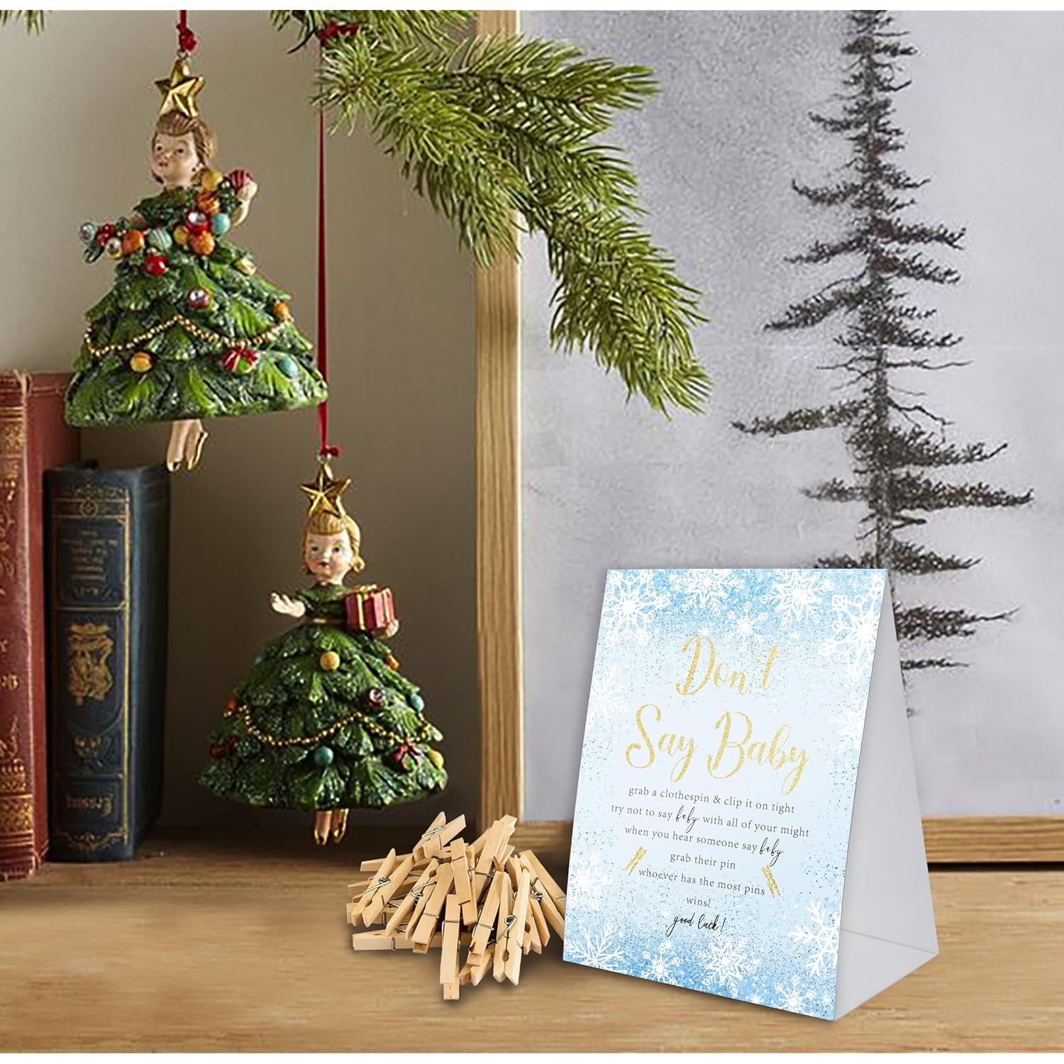 Don'T Say Baby Game, Christmas Baby Shower Game,Winter Baby Shower, 50 Wooden Clothespins And One Sign, Christmas Baby Shower Decorations, Winter Gender Reveal-Dsbb08