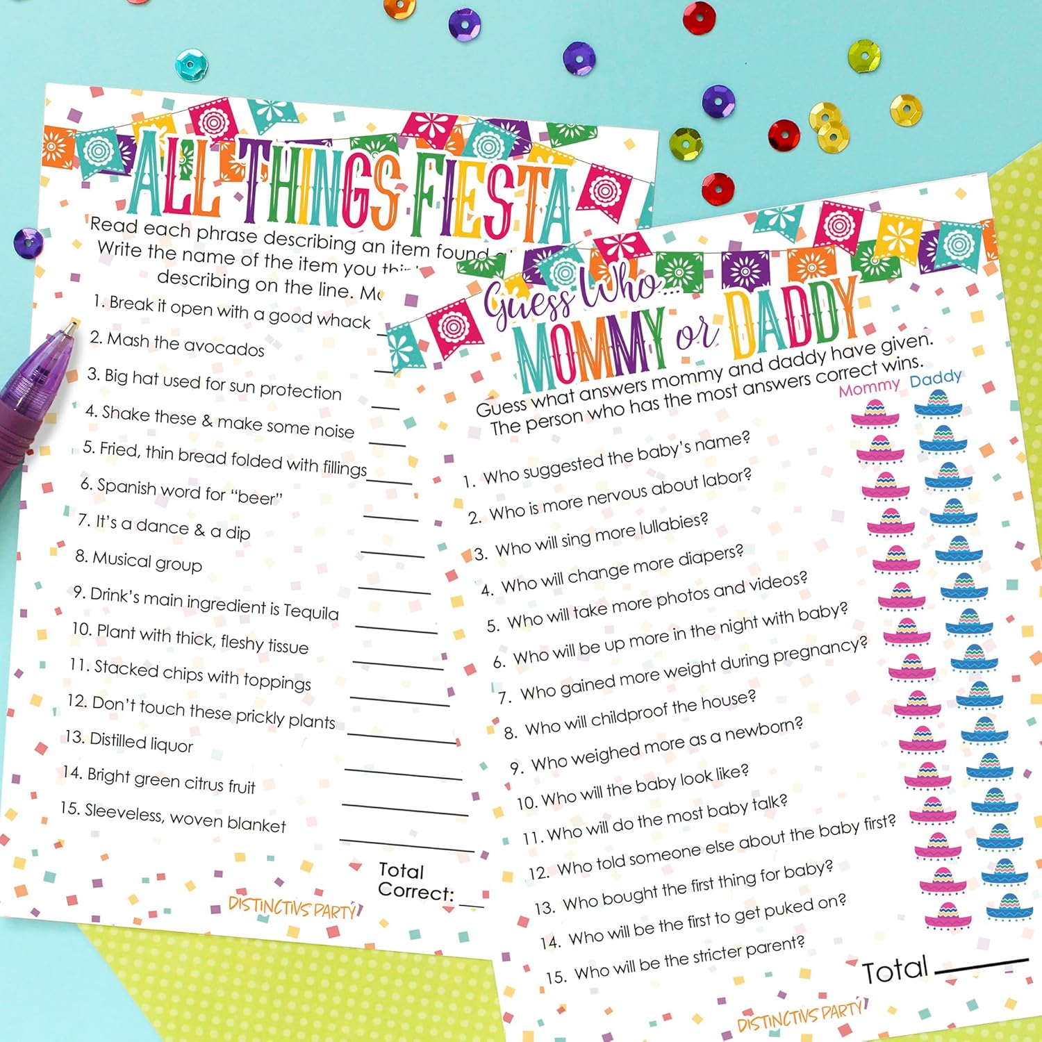 Taco Bout A Baby Shower Games, Mommy Or Daddy Match And All Things Fiesta, 2 Game Bundle - 20 Dual Sided Cards