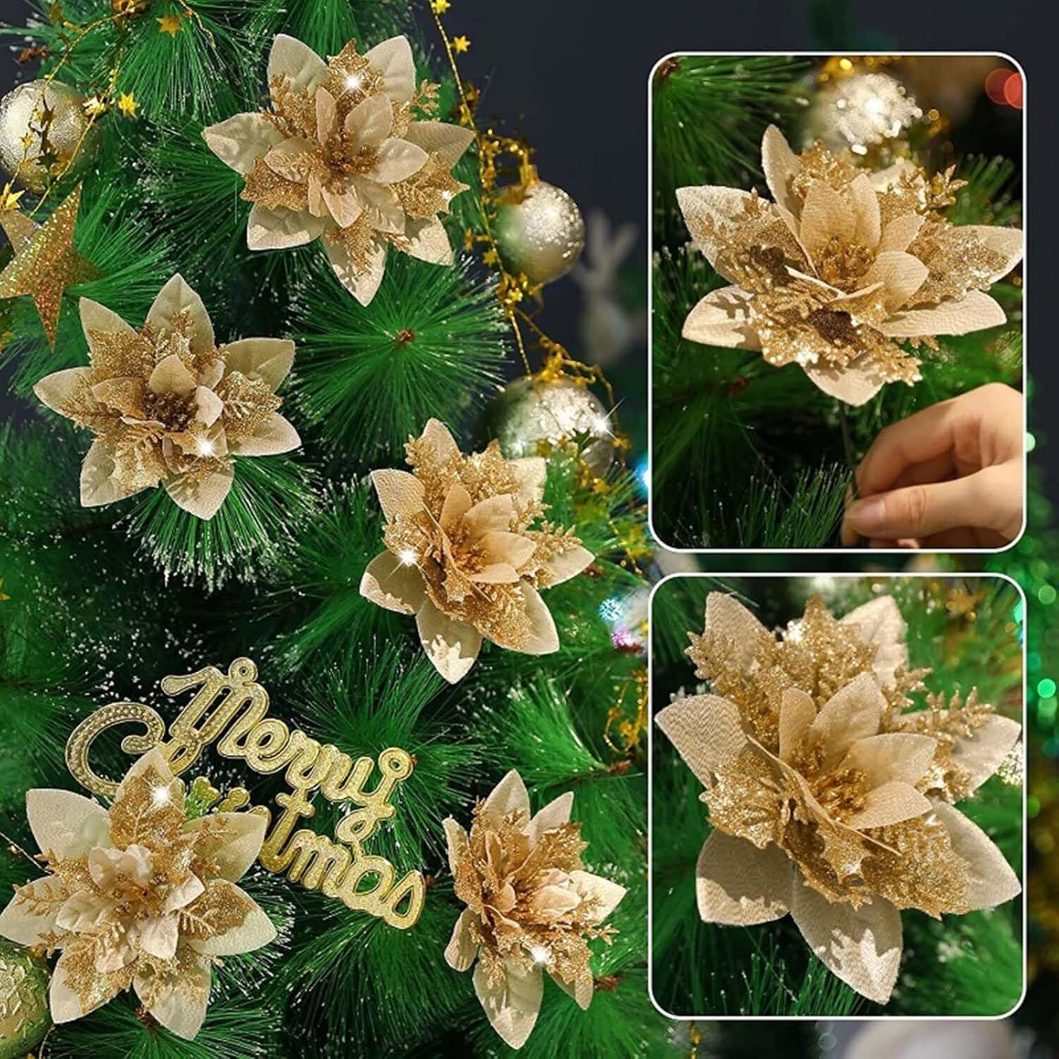 12 Pcs Gold Poinsettia Flower Artificial Poinsettias With Clips, Xmas Flower Decor With Stems, Glitter Poinsettia Christmas Ornaments, Diy Xmas Wreath Christmas Tree Decorations Home Party Decors