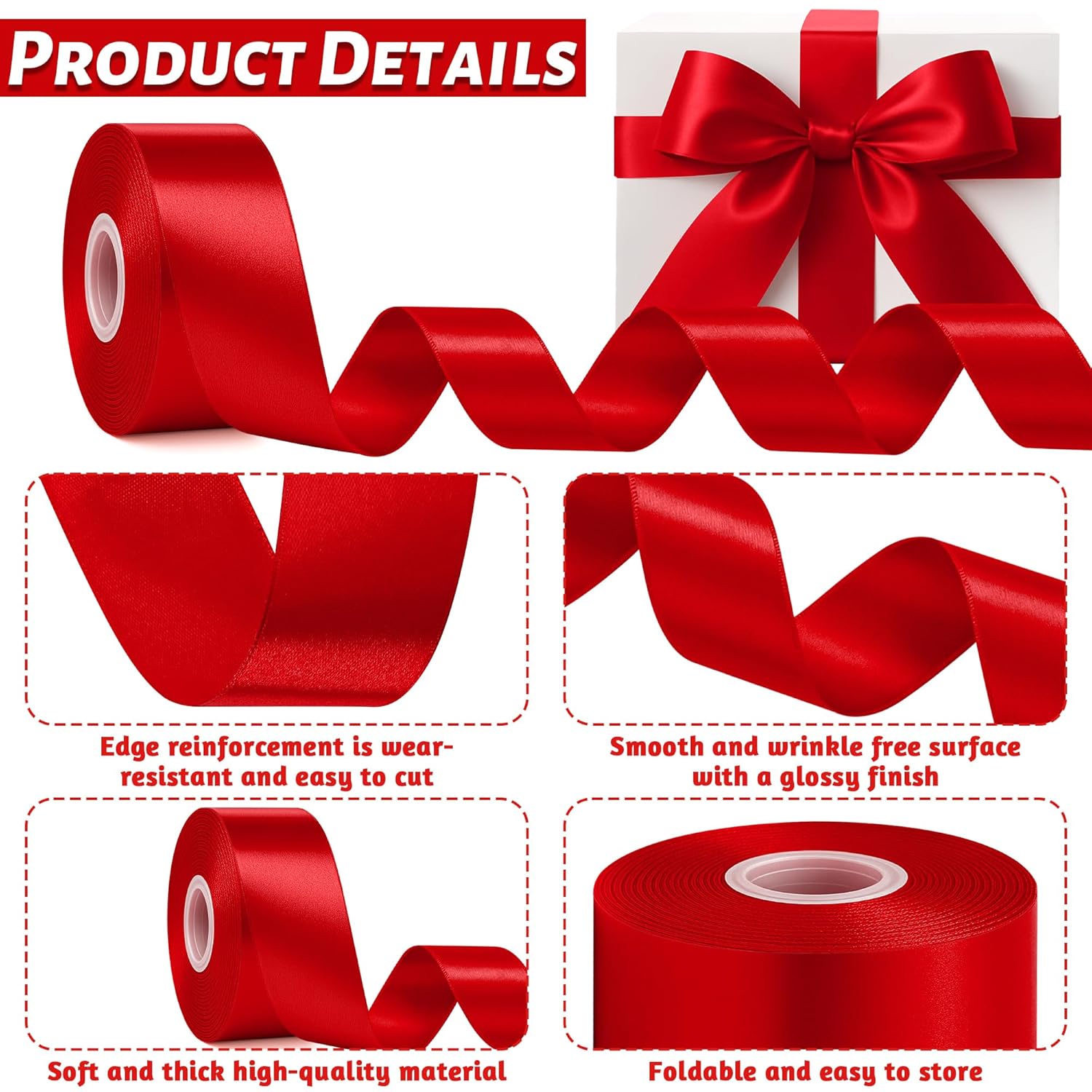 Red Ribbon 1 1/2 Inch, 30 Yards Red Ribbon For Gift Wrapping, Polyester Satin Christmas Ribbon For Wedding Xmas Tree Valentines Day Decorations Diy Bows Wrapping Bouquet Floral Arrangements