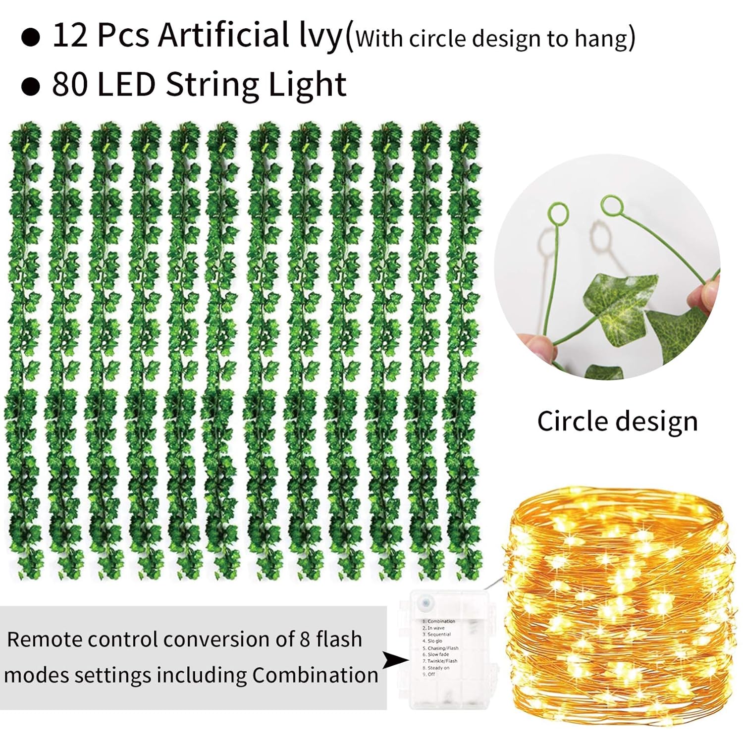 84Ft 12 Pack Artificial Ivy Leaf Plants Vine With 80 Led String Light,Green Vines Garland, Hanging For Home Kitchen Office Wedding Wall Décor