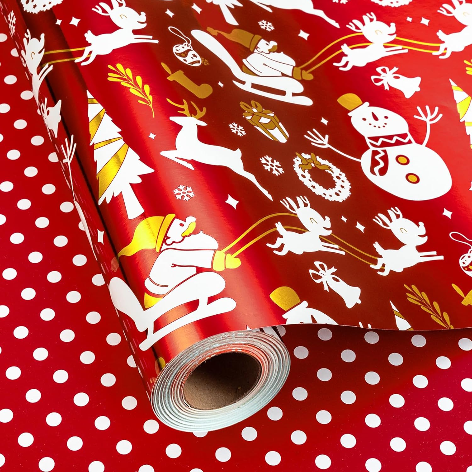 Reversible Christmas Wrapping Paper, Red Wrapping Paper, Metallic Foil Elegant Santa Sleigh, Snowman & Deer Design Christmas Gift Wrap For Holiday, New Year (Mini Roll, 17 Inch X 33 Feet)