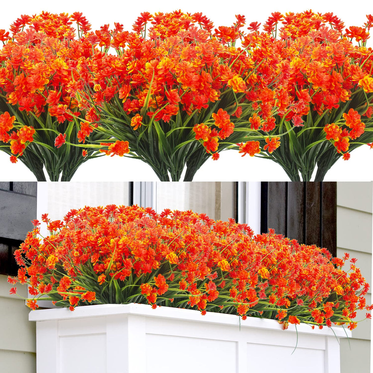 Artificial Fake Flowers, 12 Bundles Outdoor Uv Resistant Greenery Shrubs Plants Indoor Outside Hanging Planter Home Garden Décor (Orange)