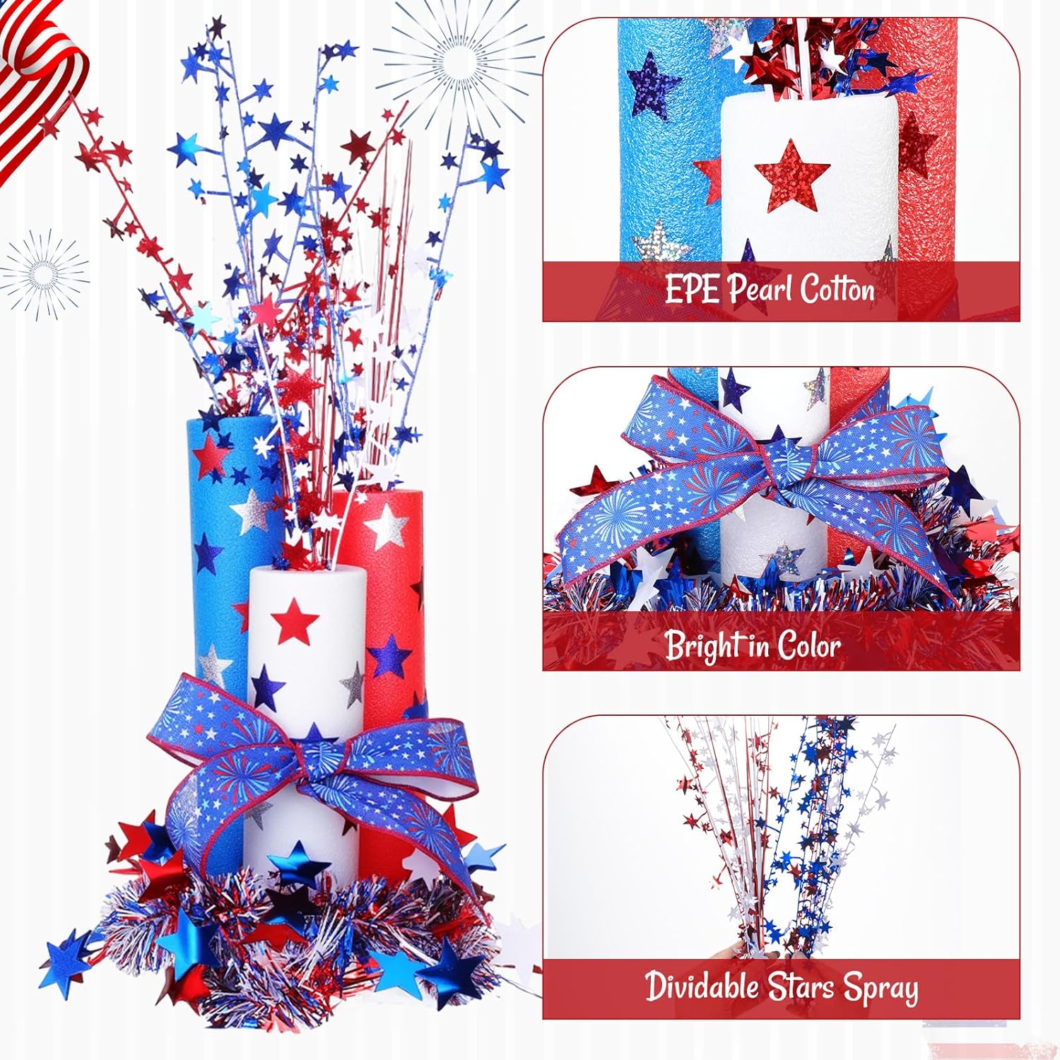 4Th Of July Foam Firecracker Diy Kits Patriotic Decorations Include Red White Blue Foam Noodles Stars Branches Sticker Ribbon Tinsel Garland For Independence Day Memorial Day Home Party Decor