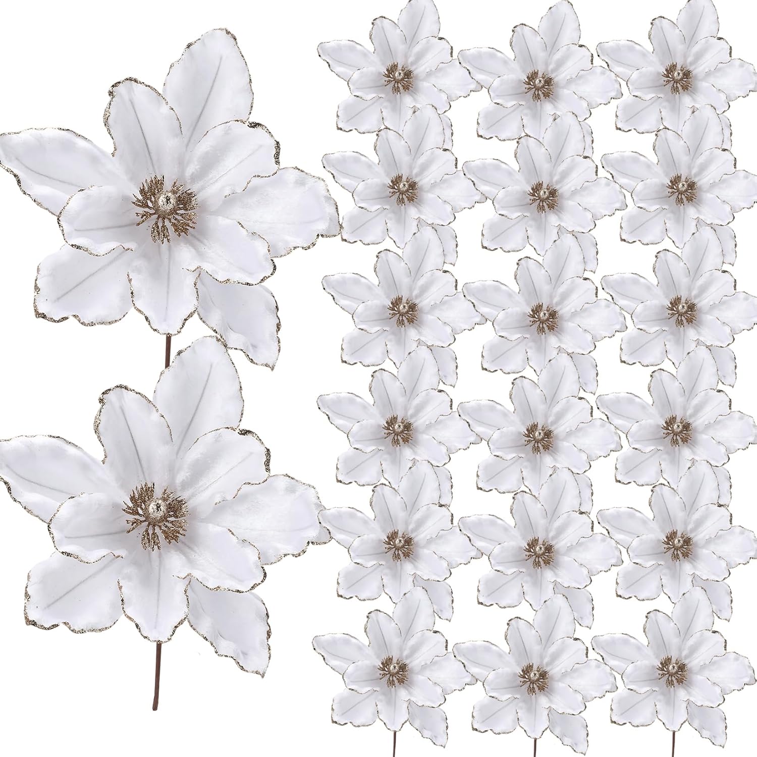 20 Pcs Glitter Christmas Flower, 6.3 In Large Velvet Artificial Magnolia Flowers With Stem, Christmas Tree Wreath Garland Xmas New Year Wedding Decoration, White