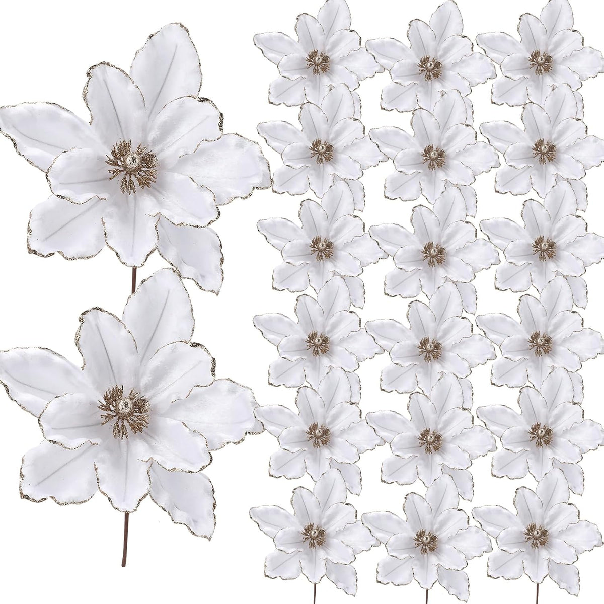 20 Pcs Glitter Christmas Flower, 6.3 In Large Velvet Artificial Magnolia Flowers With Stem, Christmas Tree Wreath Garland Xmas New Year Wedding Decoration, White