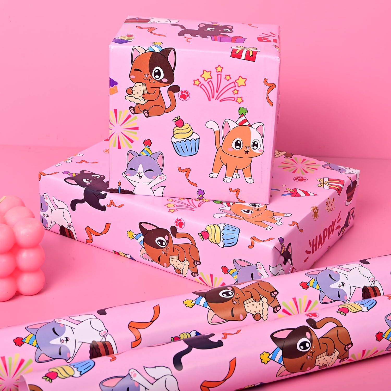 Reversible Cat Birthday Wrapping Paper Roll For Kid'S Girl'S - Cute Cat, Paw Print & Dot On Pink Design Gift Wrap For Birthday, Holiday, Baby Shower - 17 In X 20 Ft(Total 28.5Sq.Ft)
