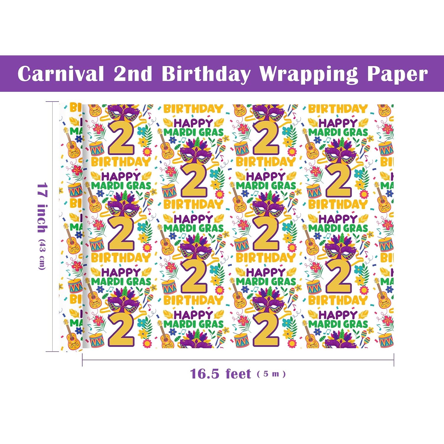 Carnival 2Nd Birthday Wrapping Paper Roll - Mini Roll - 17 Inch X 16.5 Feet - Happy Mardi Gras Wrapping Paper For Kids Boys Girls Birthday, Carnival, Mardi Gras Party