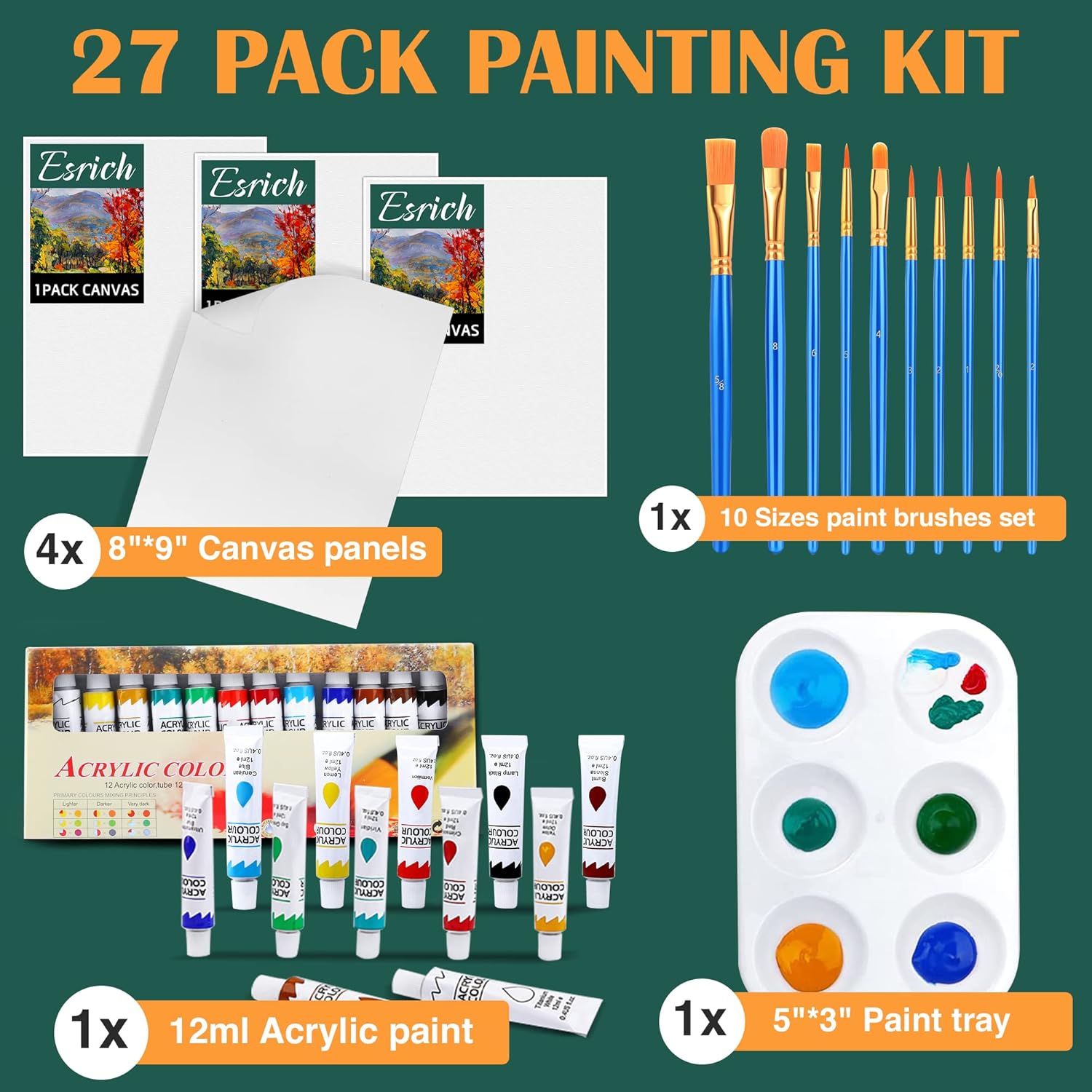 Acrylic Paint Set,Paint Set With 10 Paint Brushes12 Color 12Ml Acrylic Paint,1 Palettes And 4 Pcs Canvas For Students, Artists And Beginner Art Supplies