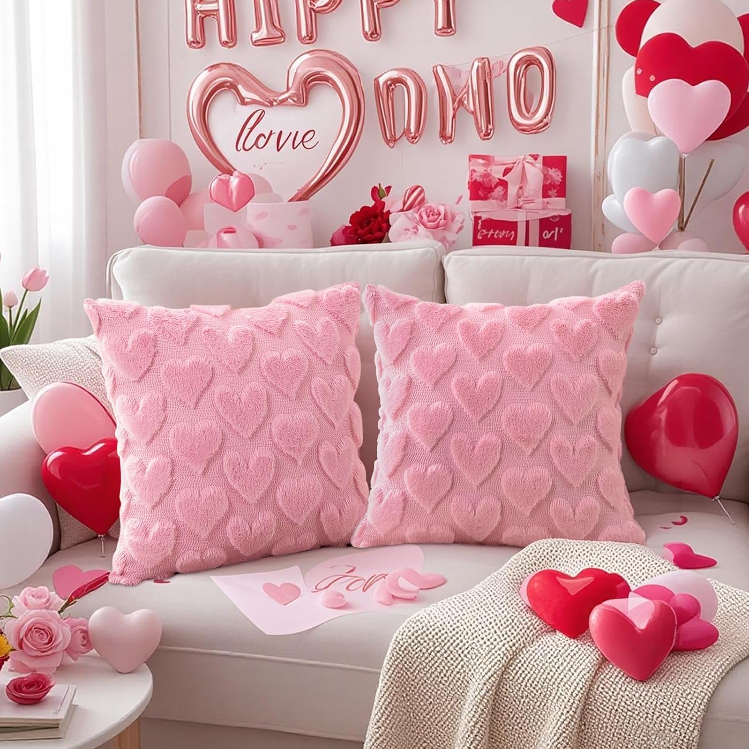 Valentine’S Day Heart Pillow Covers 18X18 Set Of 2 – Soft Plush Faux Fur Jacquard Throw Pillow Cases, Love Heart Cushion Covers For Sofa Couch Bedroom Holiday Home Decor