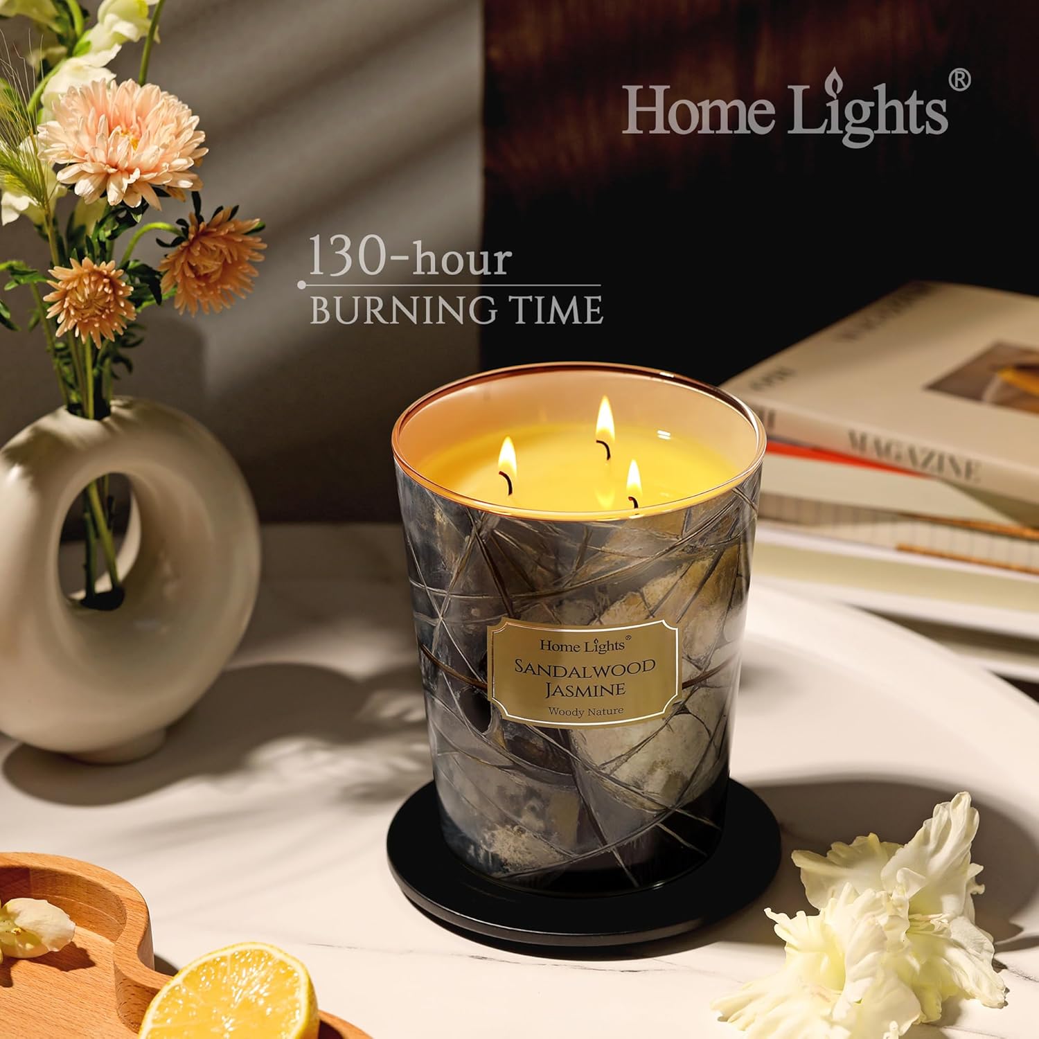 Homelights Scented Candles | Large Jar 34 Oz Natural Soy Candle | 130 Hrs Long-Lasting With 3 Wicks | Industrial Chic Home Decor | Gifts For Mom & Women, Sandalwood Jasmine