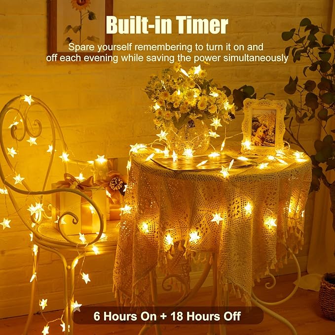 17FT Battery Operated Star String Lights 50 LED Warm White Fairy Lights with Timer Waterproof for Bedroom Patio Wedding Ramadan Decor