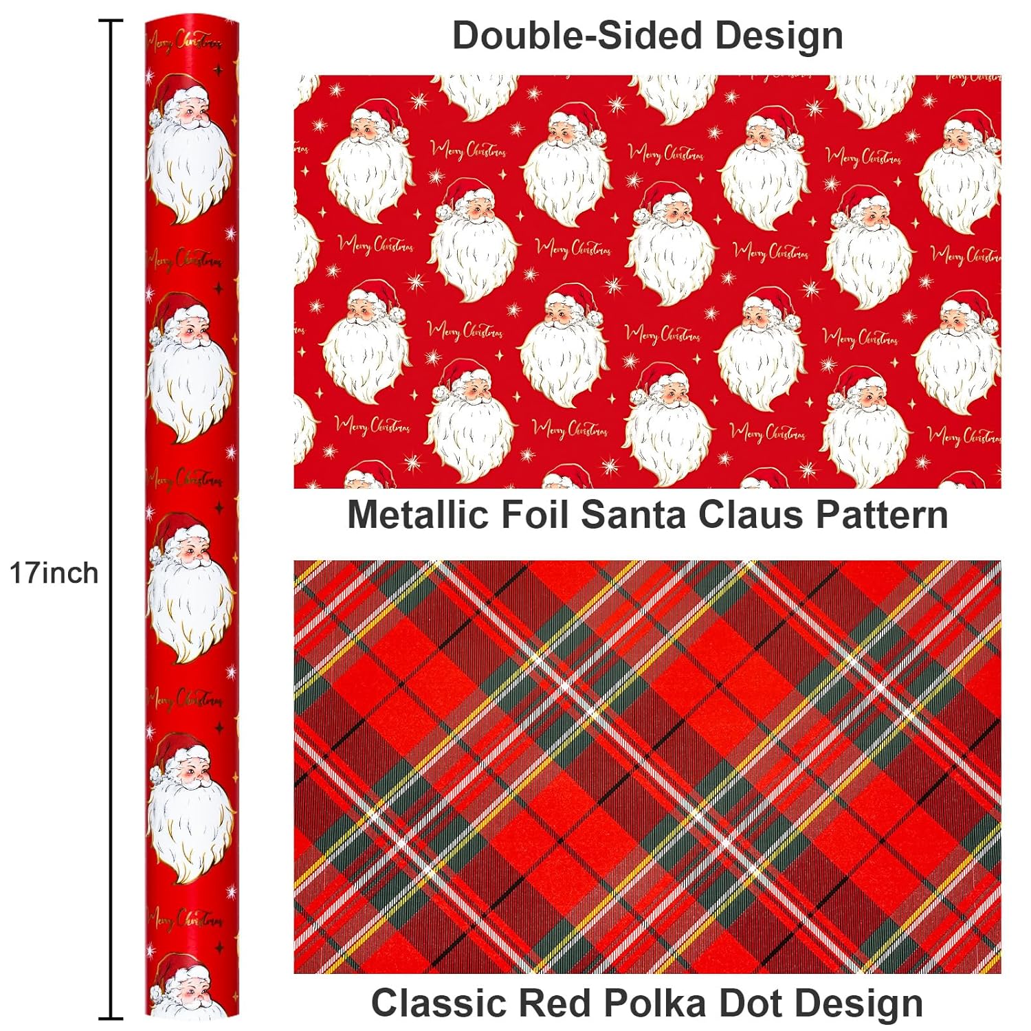 Red Christmas Wrapping Paper Roll, Santa Wrapping Paper, Retro Classic Red Santa Claus, Stewart Tartan Plaid Christmas Gift Wrap Sheets For Winter Holiday, Festive Decor (17 Inch X 33 Feet)