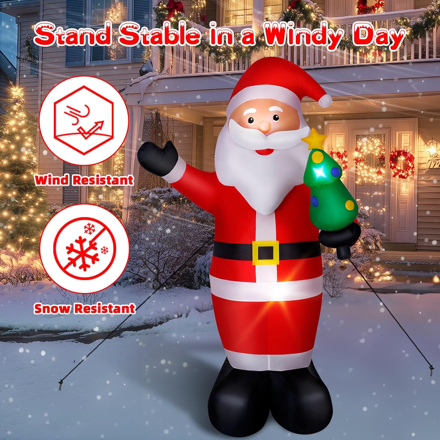 8Ft Christmas Inflatable Santa Outdoor Decoration, Blow Up Santa Claus Holding Xmas Tree Yard Decoration Built-In Led Li