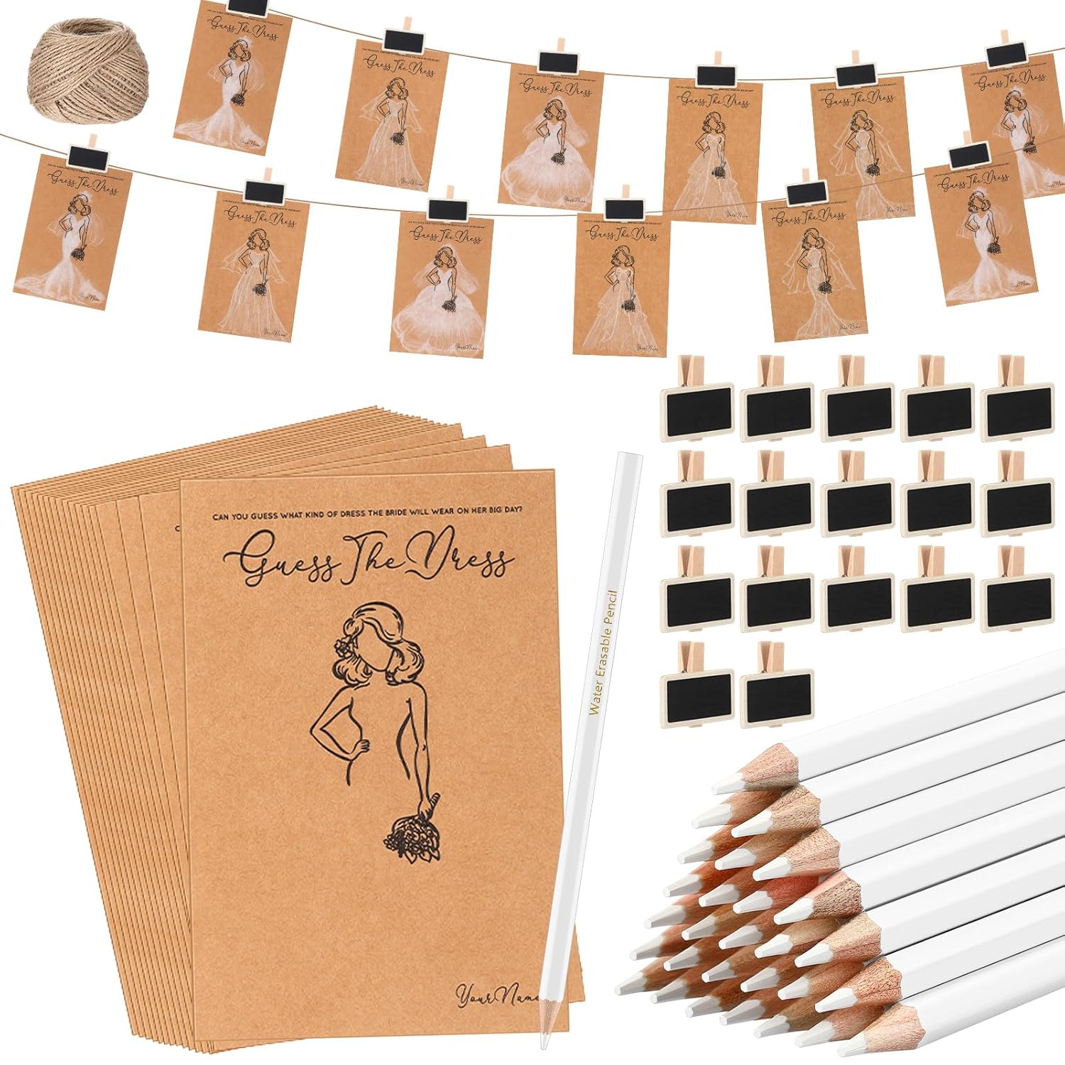 30 Set Guess The Dress Bridal Shower Games For Guest Bridal Shower Game Include 30 Wedding Shower Card 30 Water Soluble Pencil 30 Fun Wooden Clip 1 String Rope Wedding Party Supplies Game Idea
