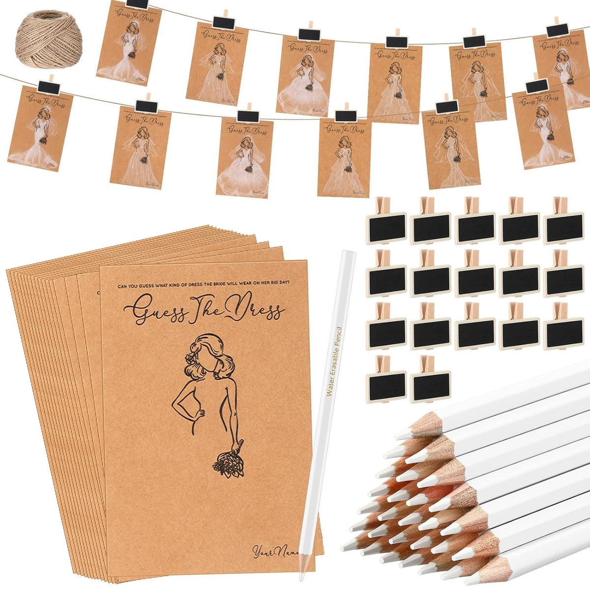30 Set Guess The Dress Bridal Shower Games For Guest Bridal Shower Game Include 30 Wedding Shower Card 30 Water Soluble Pencil 30 Fun Wooden Clip 1 String Rope Wedding Party Supplies Game Idea