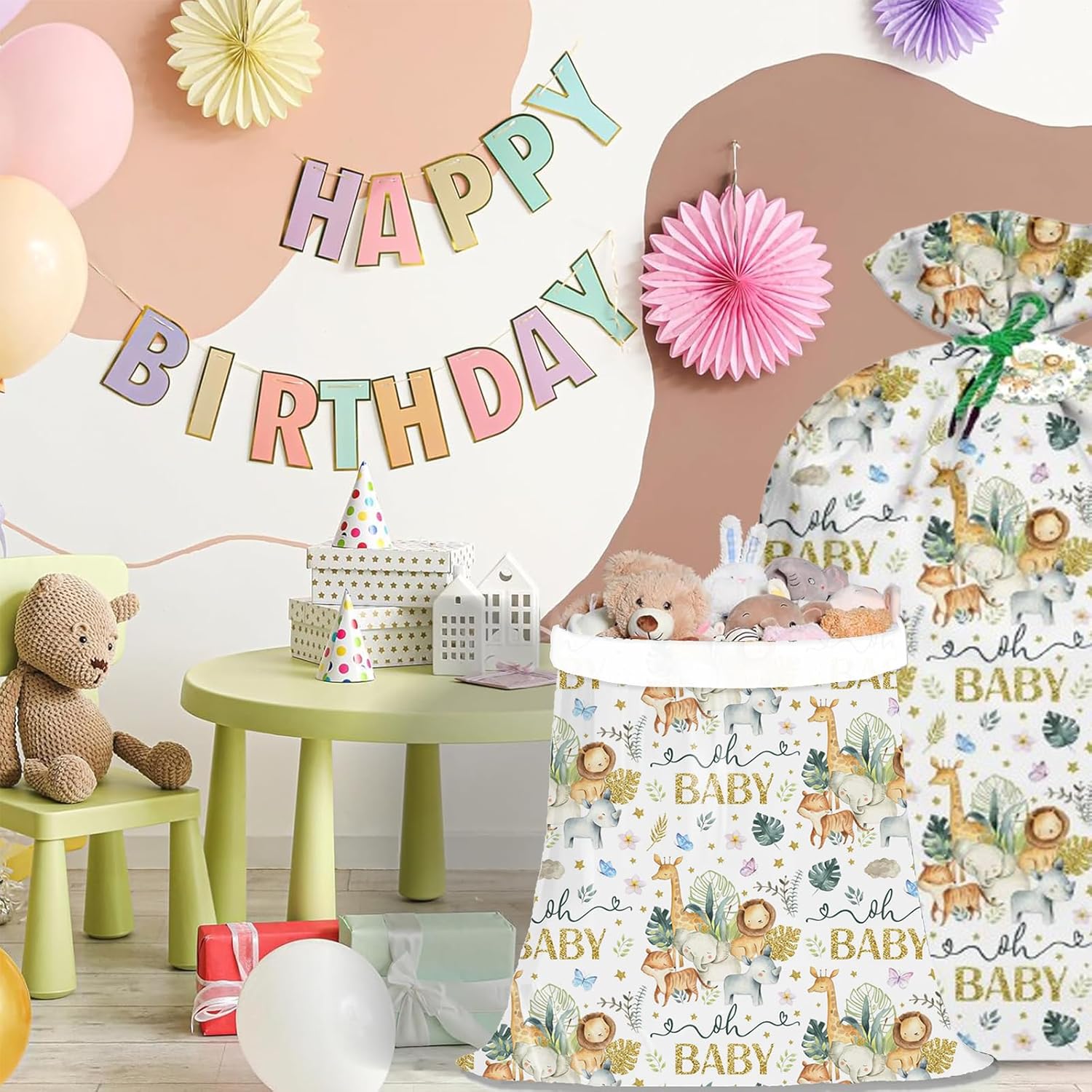 Extra Large Animal Gift Bags Baby Shower 56"X 36"Jumbo Plastic Gift Bags Safari Jungle Animals Design With Baby Girls Boys Newborn Gender Reveal Party