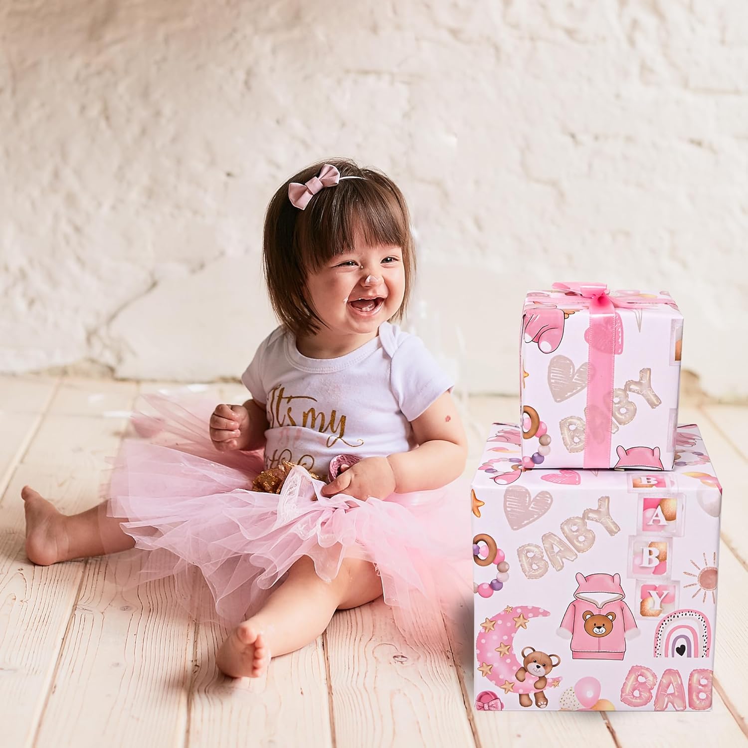 Reverible Baby Girl Wrapping Paper Roll Pink Gift Wrap Sheets With Baby Bear Unicorn Rainbow Princess Designs For Girls Wedding Neutral Baby Shower Birthday Party - Total 28.5Sq.Ft