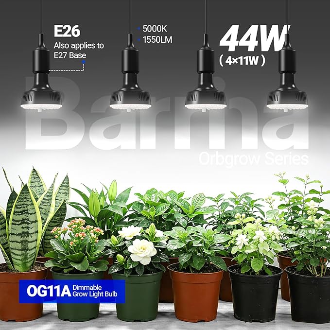Orbgrow OG11A Grow Light Bulbs 4 Pack Full Spectrum E26 Plant Lights with Timer