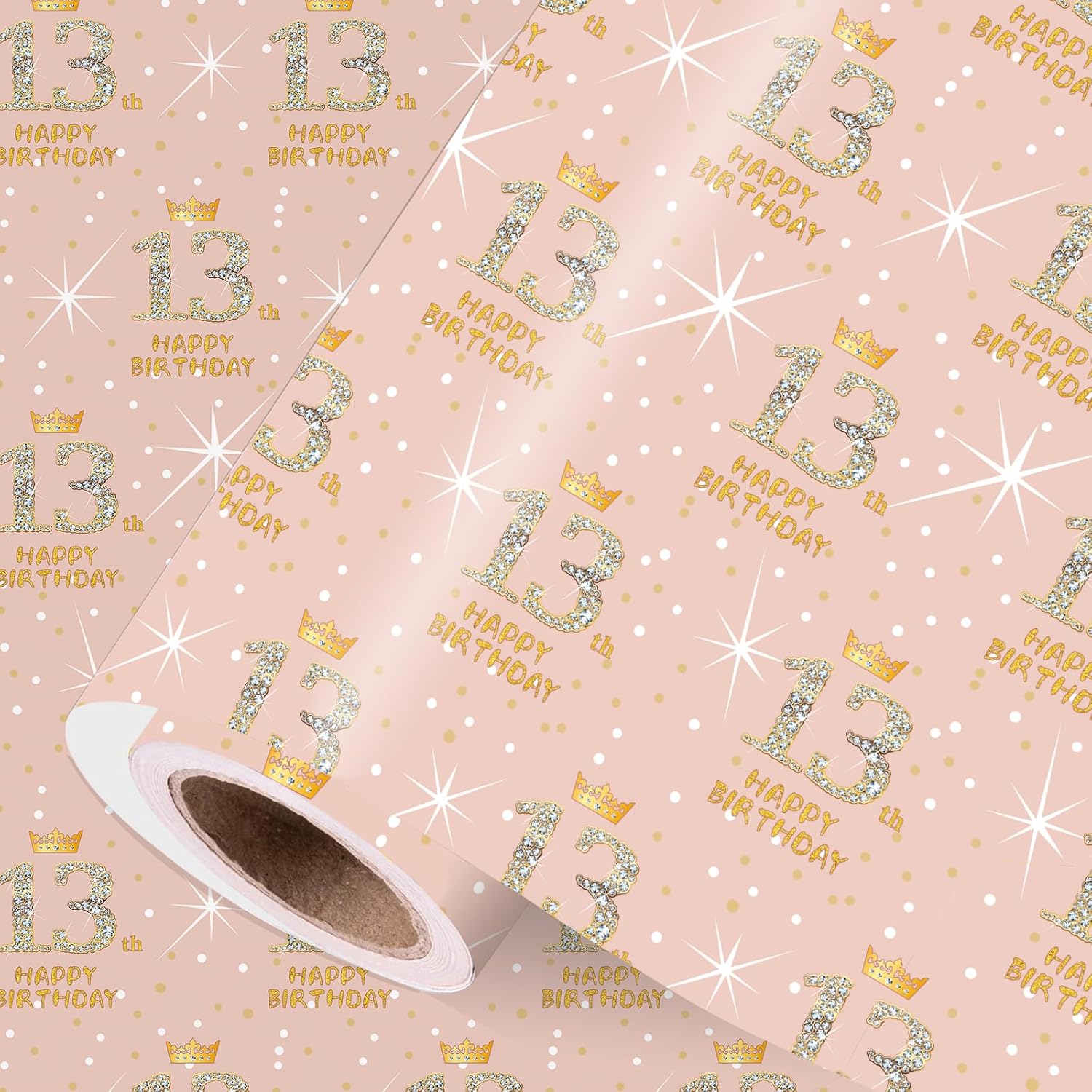 Happy 13Th Birthday Wrapping Paper For 13Th Birthday Girls, Rose Gold 13Th Birthday Decorations For Girls, Mini Roll 17 Inches X 16.4 Feet, 13Th Birthday Gifts Ideas For Daughter Granddaughter Friends