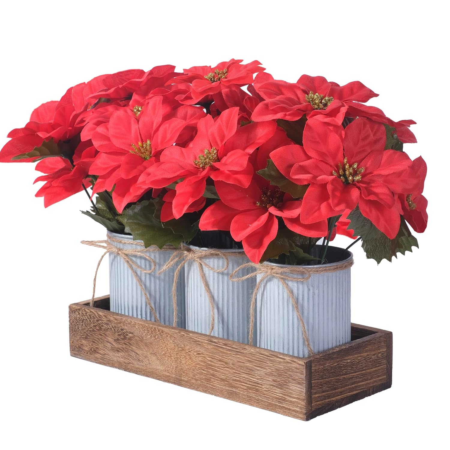 Poinsettia Flowers Artificial Christmas Decorations – 3 Pack Red Poinsettias In Galvanized Metal Pots With Wooden Box, Christmas Centerpiece Table Decorations For Home, Gifts & Office Party