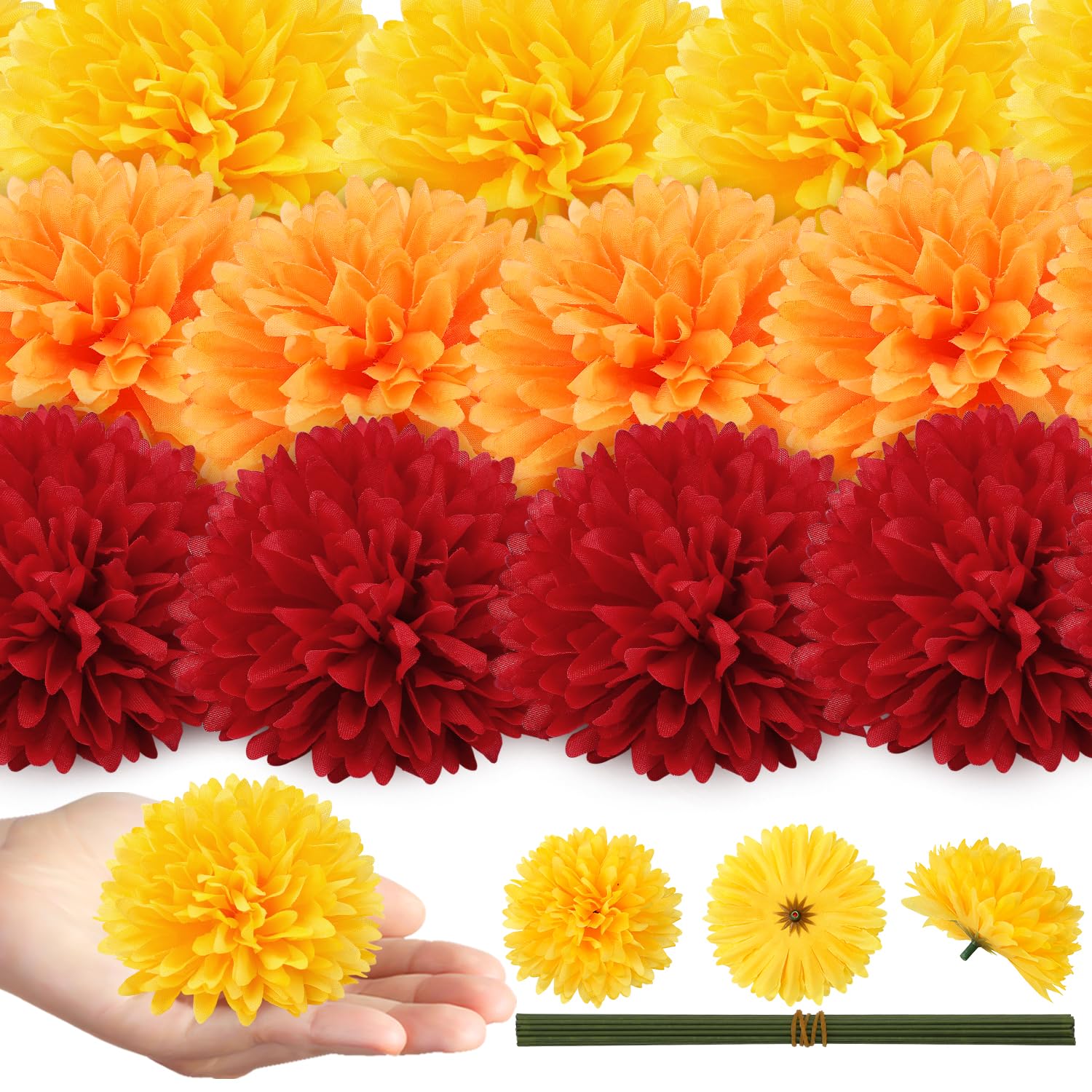 40Pcs Marigold Flowers Heads Bulk 3.15", Artificial Marigold Garland For Day Of The Dead Decor Diwali Cinco De Mayo Fiesta Wedding Festival Party Home Decoration (Orange+Yellow+Red)