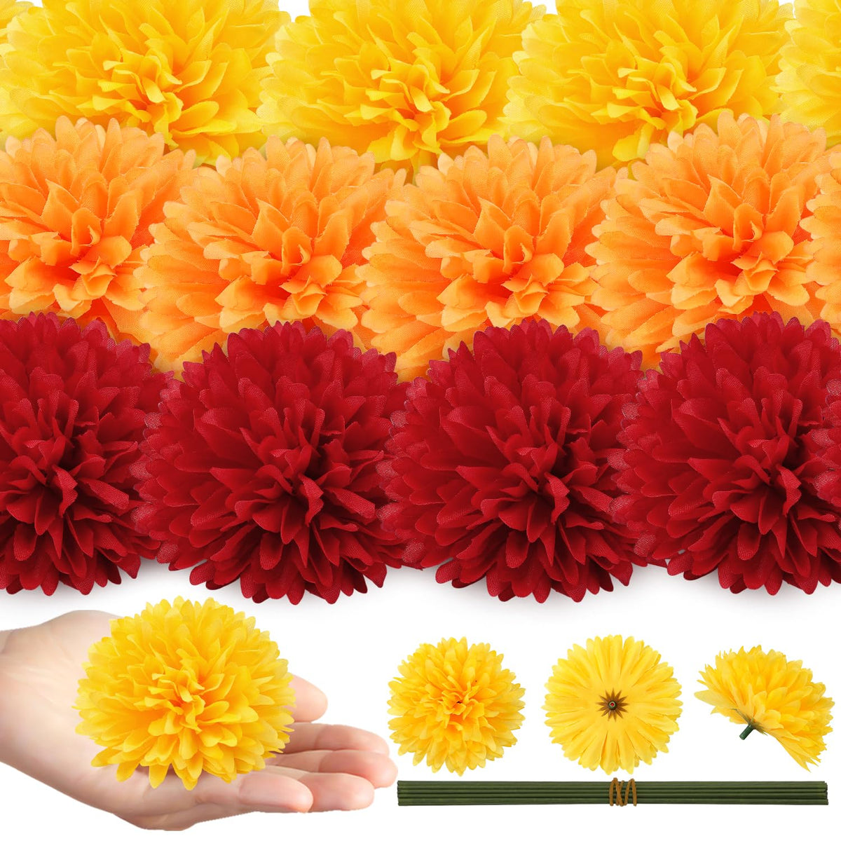 40Pcs Marigold Flowers Heads Bulk 3.15", Artificial Marigold Garland For Day Of The Dead Decor Diwali Cinco De Mayo Fiesta Wedding Festival Party Home Decoration (Orange+Yellow+Red)