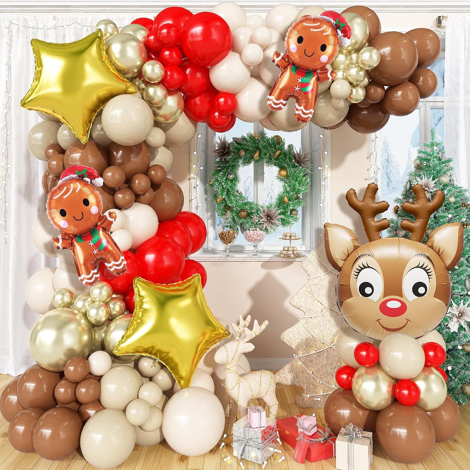 Christmas Balloon Arch Garland Kit, 147Pcs Red Retro Brown Gold Sand White Latex Balloons With Reindeer Star Gingerbread Man Xmas Foil Balloons For Birthday Merry Christmas Party New Year Decorations