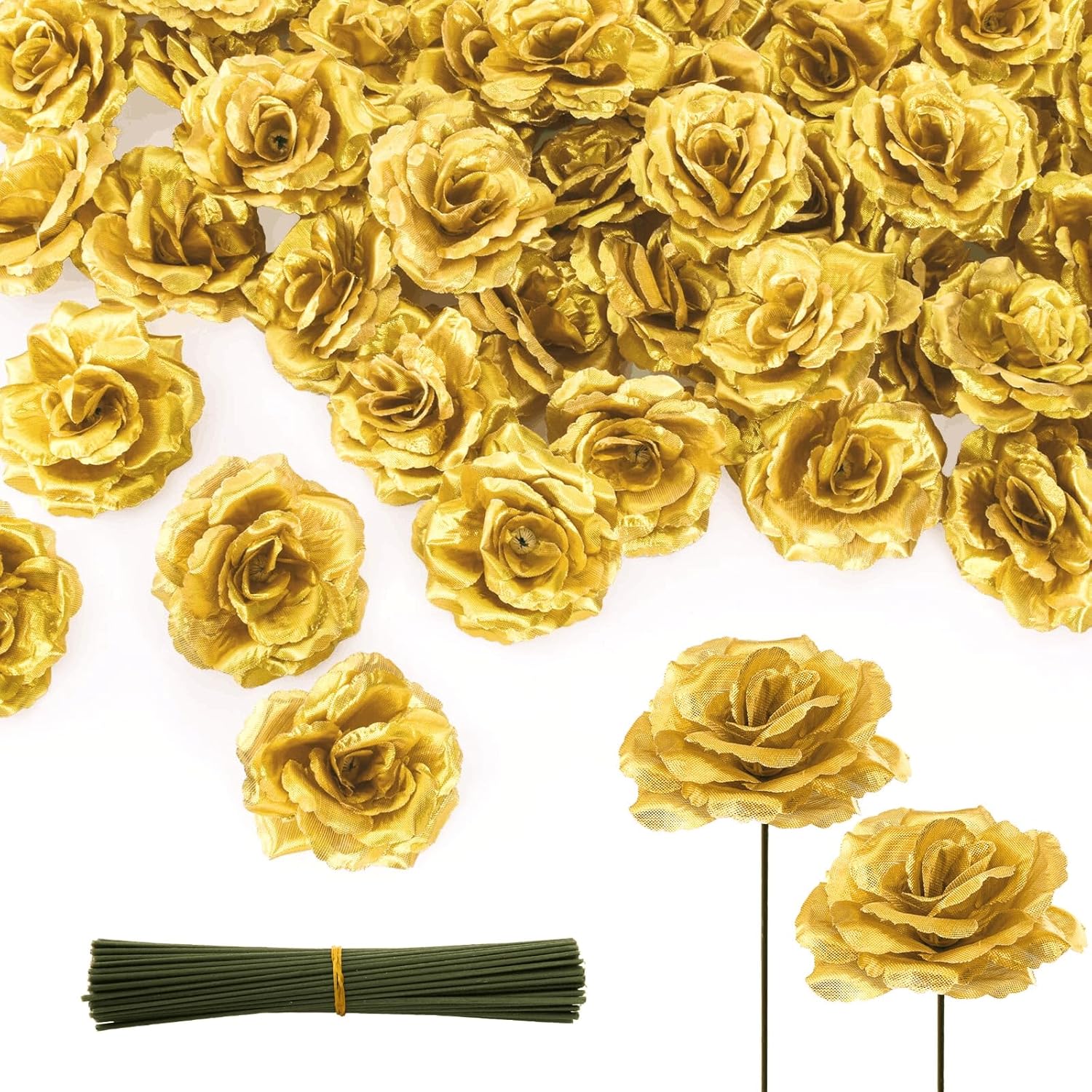 100 Pcs 3.5 Inch Gold Artificial Rose Heads With Stems, Silk Rose Faux Flower Heads Bulk For Diy Wedding Bouquets, Party Table Centerpieces, Home Decor, Craft Floral Arrangements