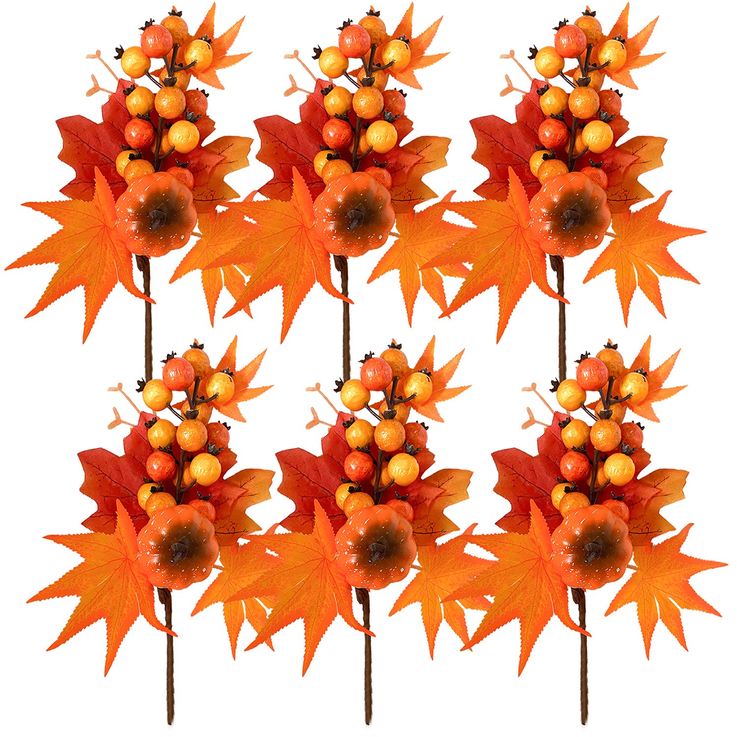 6 Pack Fall Stems Artificial Berry Picks Fall Picks With Pumpkin Maple Leaves Branches Decorations For Harvest Autumn Thanksgiving Day Flower Arrangements Wreaths Indoor Outdoor Home Decor