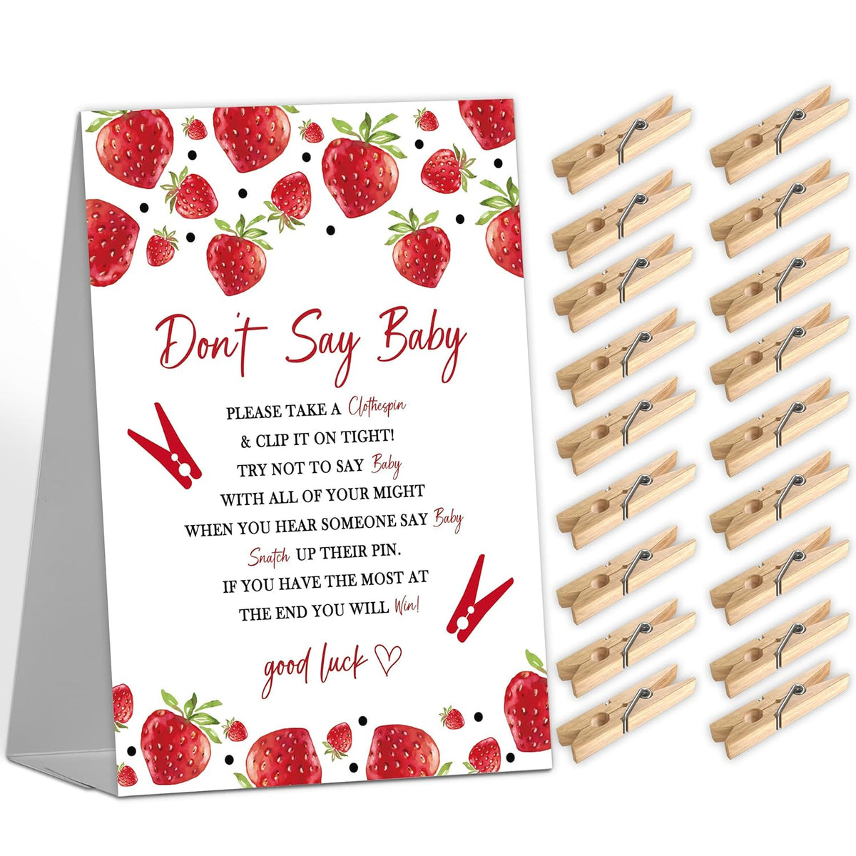 Don'T Say Baby Game Sign With 50 Mini Clothespins For Strawberry Baby Shower, Gender Reveal Party Decorations, Party Favors Supplies (Mq-1-14)
