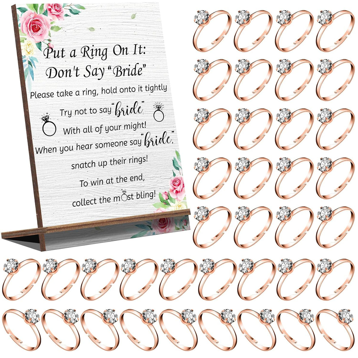 Put A Ring On It Bridal Shower Game With 100 Pcs Fake Rings Bridal Shower Games Wooden Wedding Signs Don'T Say Bride Rules Popular Wedding Engagement Party Favors For Guests(Rose Gold)