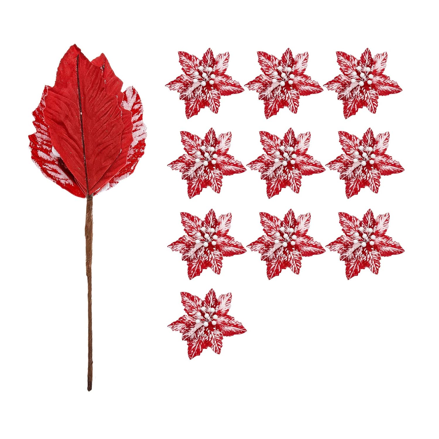10Pcs Snow Decorated Large Poinsettia Decorative Christmas Flower Stem For Christmas Tree Wreath Garland, Red/White