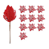 10Pcs Snow Decorated Large Poinsettia Decorative Christmas Flower Stem For Christmas Tree Wreath Garland, Red/White