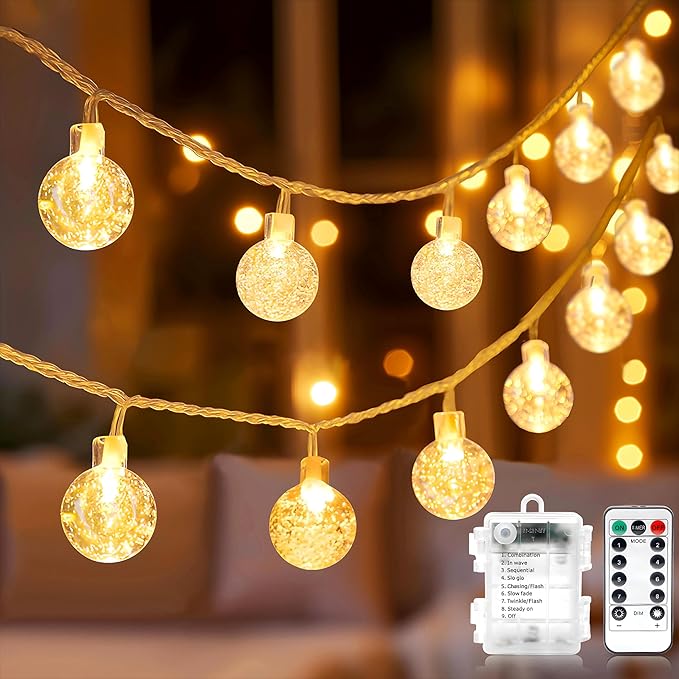 33FT Globe Fairy Lights Battery Operated 80 LED Warm White String Lights with Remote Waterproof for Bedroom Wedding Party Garden Decor