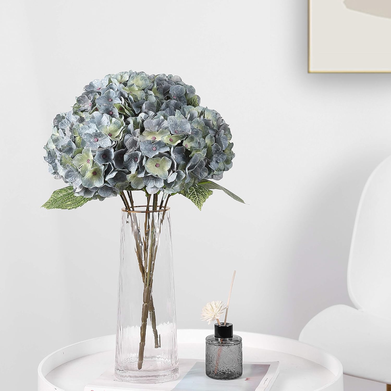 Artificial Flowers Silk Hydrangea Flowers With 5 Big Heads Fake Flower Bunch Bouquet For Home Wedding Party Decor Diy(Blue Green)
