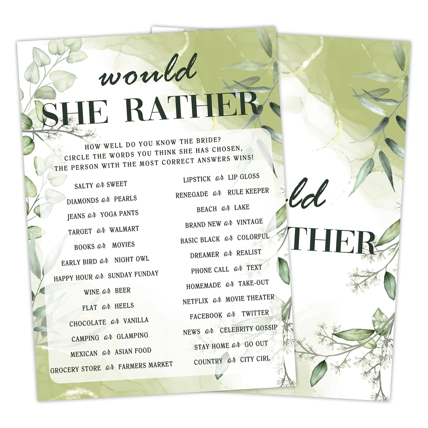 Greenery Bridal Shower Games, Funny Wedding Games Would She Rather Games For Guests, Couples Wedding Shower Game For Couples, Bridal Party Supplies, Engagement Party Game, 04
