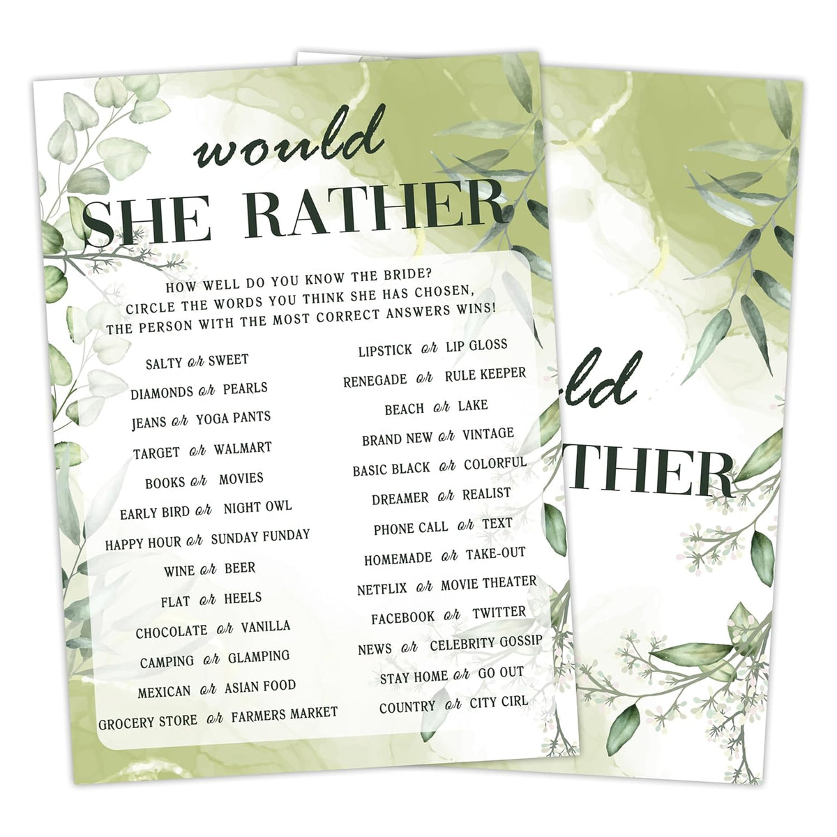 Greenery Bridal Shower Games, Funny Wedding Games Would She Rather Games For Guests, Couples Wedding Shower Game For Couples, Bridal Party Supplies, Engagement Party Game, 04