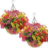 2 Pcs Artificial Hanging Flowers With Fake Basket Outdoor Realistic Hanging Plants With 12 Inch Coconut Lining Basket For Patio Lawn Garden Porch Decor (Mix)
