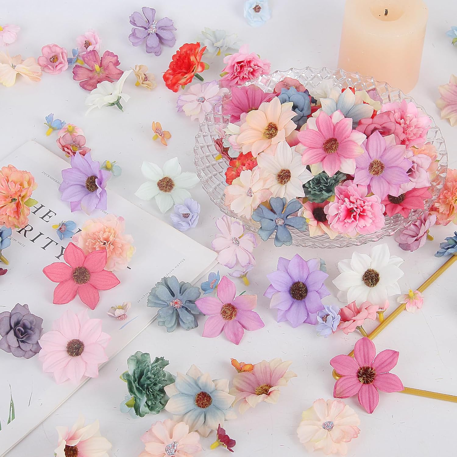 240Pcs Fake Flowers Heads Artificial Silk Flower For Crafts, Small Artificial Daisy Roses Faux Flowers Bulk For Diy Cake Wedding Party Home Garland Wreath Decoration