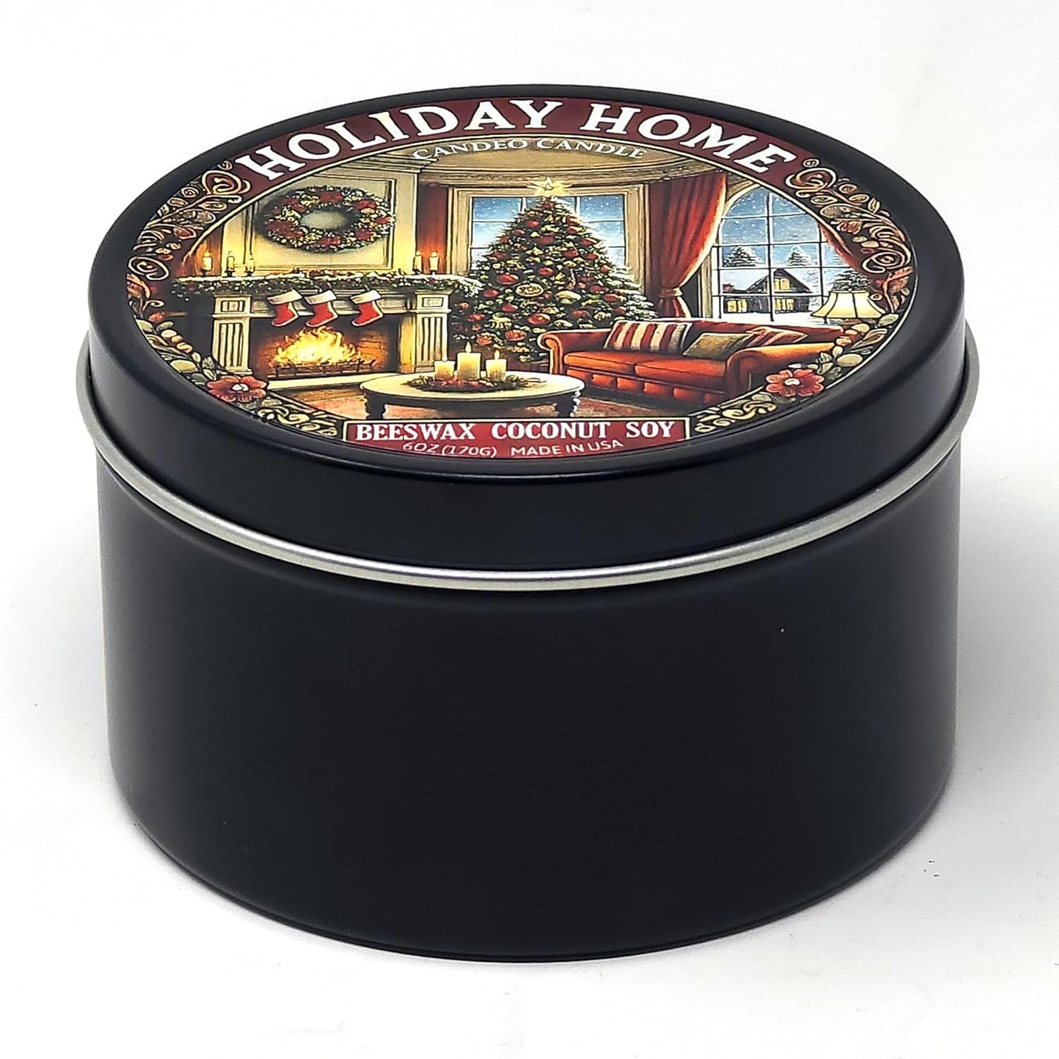 Holiday Home - Container Candle, 6 Oz - Made With Beeswax, Coconut And Soy - Black Tin Candle - Handmade In The Usa - - Christmas And Winter Candles