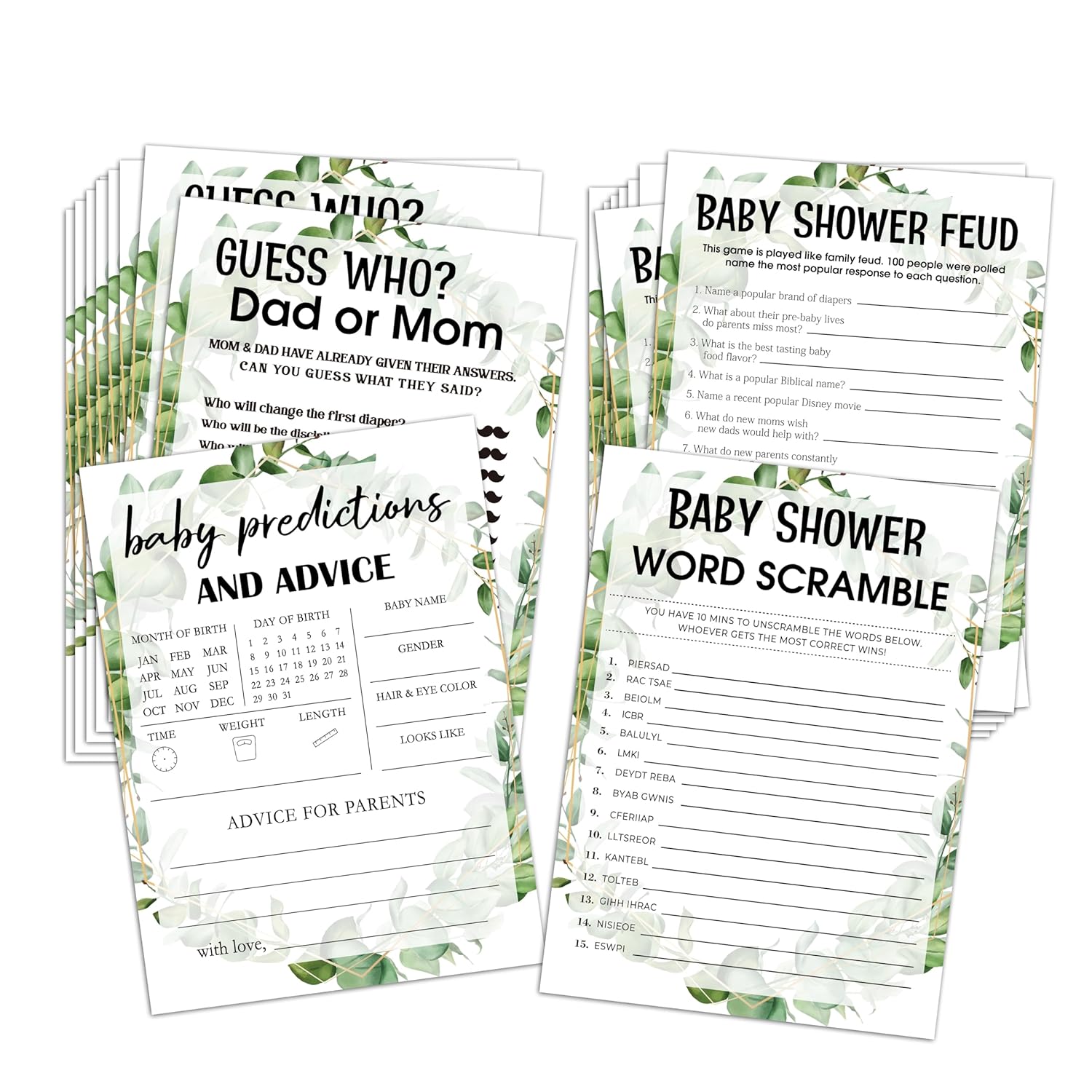 Baby Shower Games Set, 4 Games For 25 Guests, Girl Boy Eucalyptus Baby Shower Decorations, 002