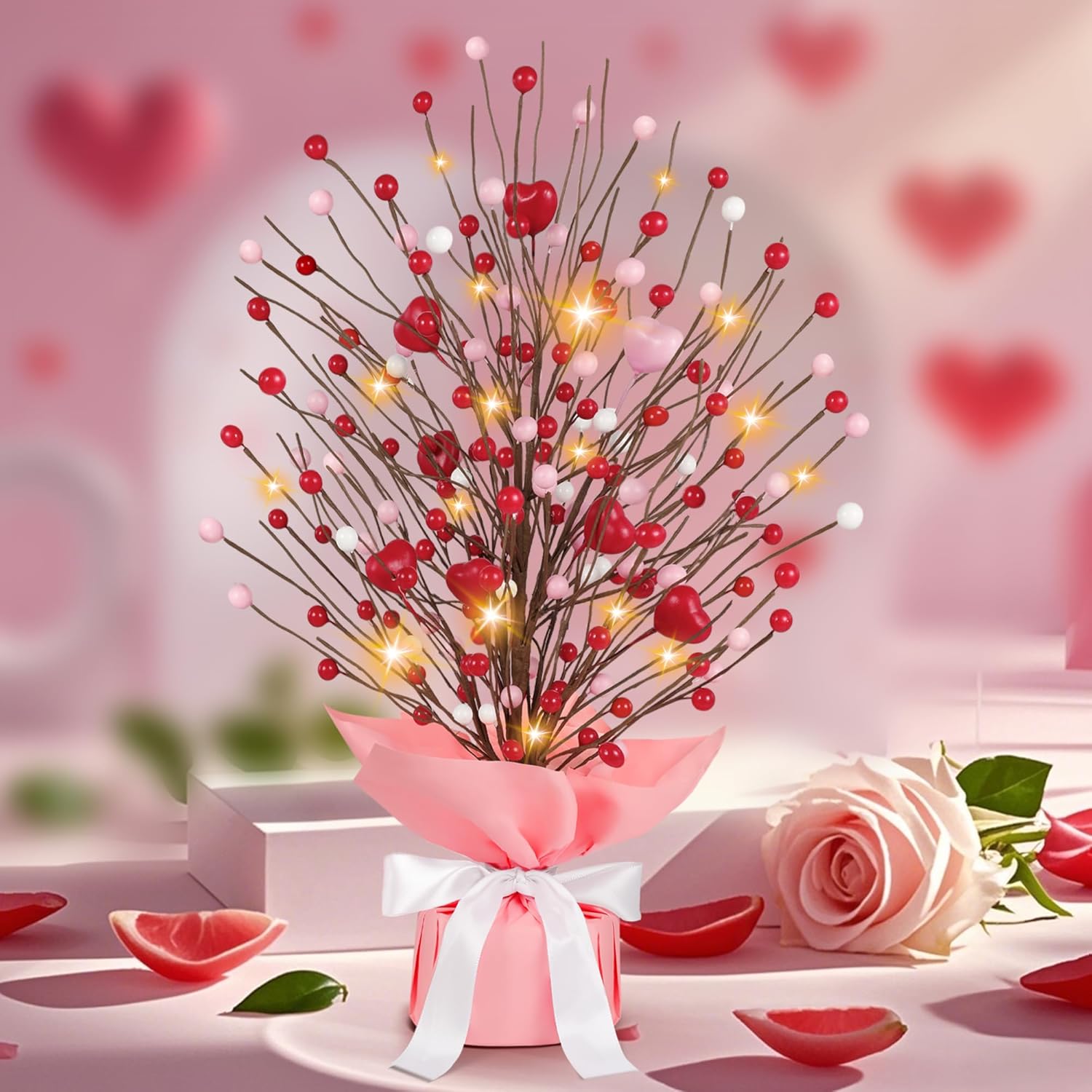Heart-Shaped Artificial Berry Tree With Warm White Led Lights | Home Decor For Room, Mantel, Shelf & Tabletop Decoration | Indoor Fake Plant