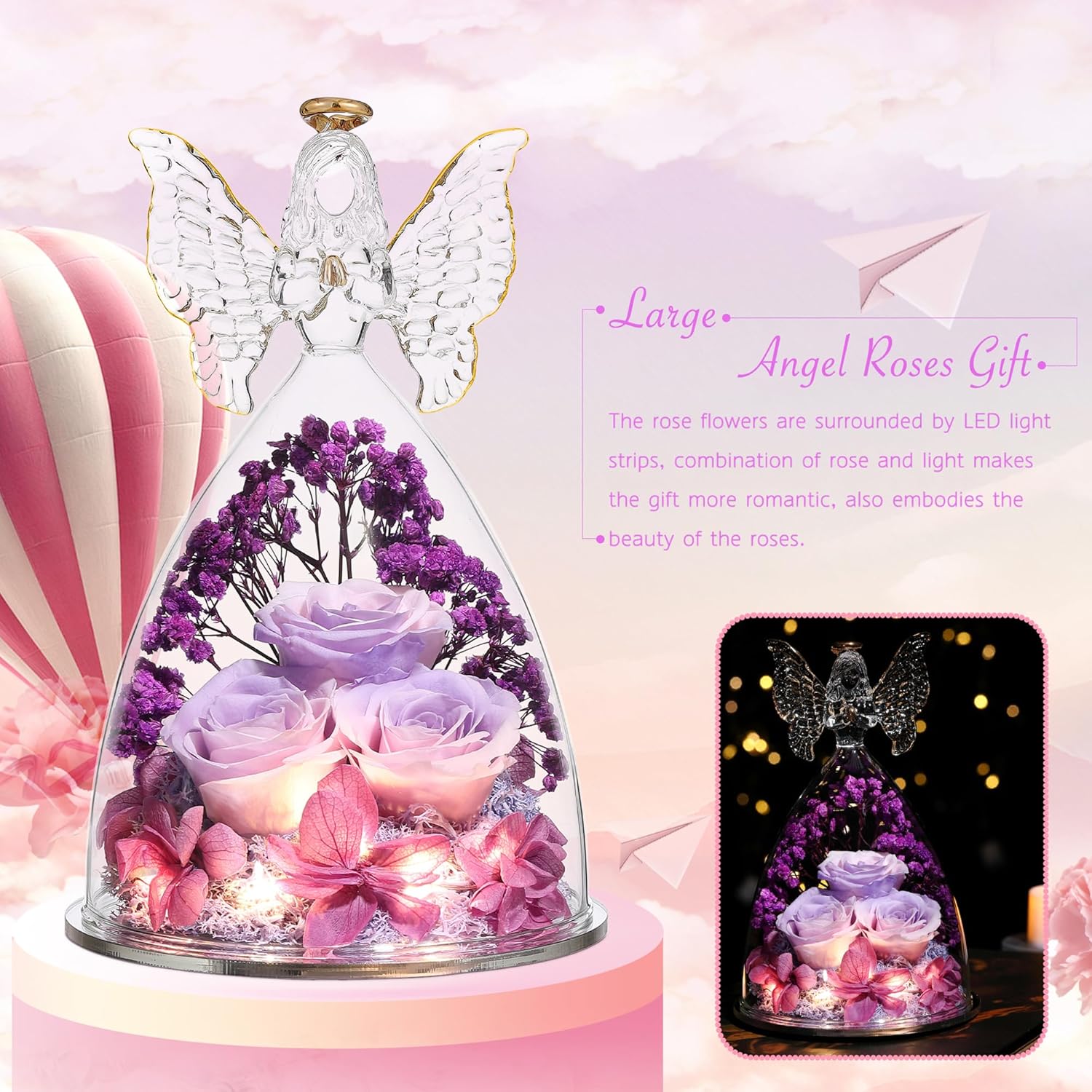 Christmas Rose Gifts For Women Preserved Real Flower In Glass Angel Figurines Roses For Delivery Prime Birthday Gifts For Mom Grandma Girlfriend Wife Her, Pinkpurpurple