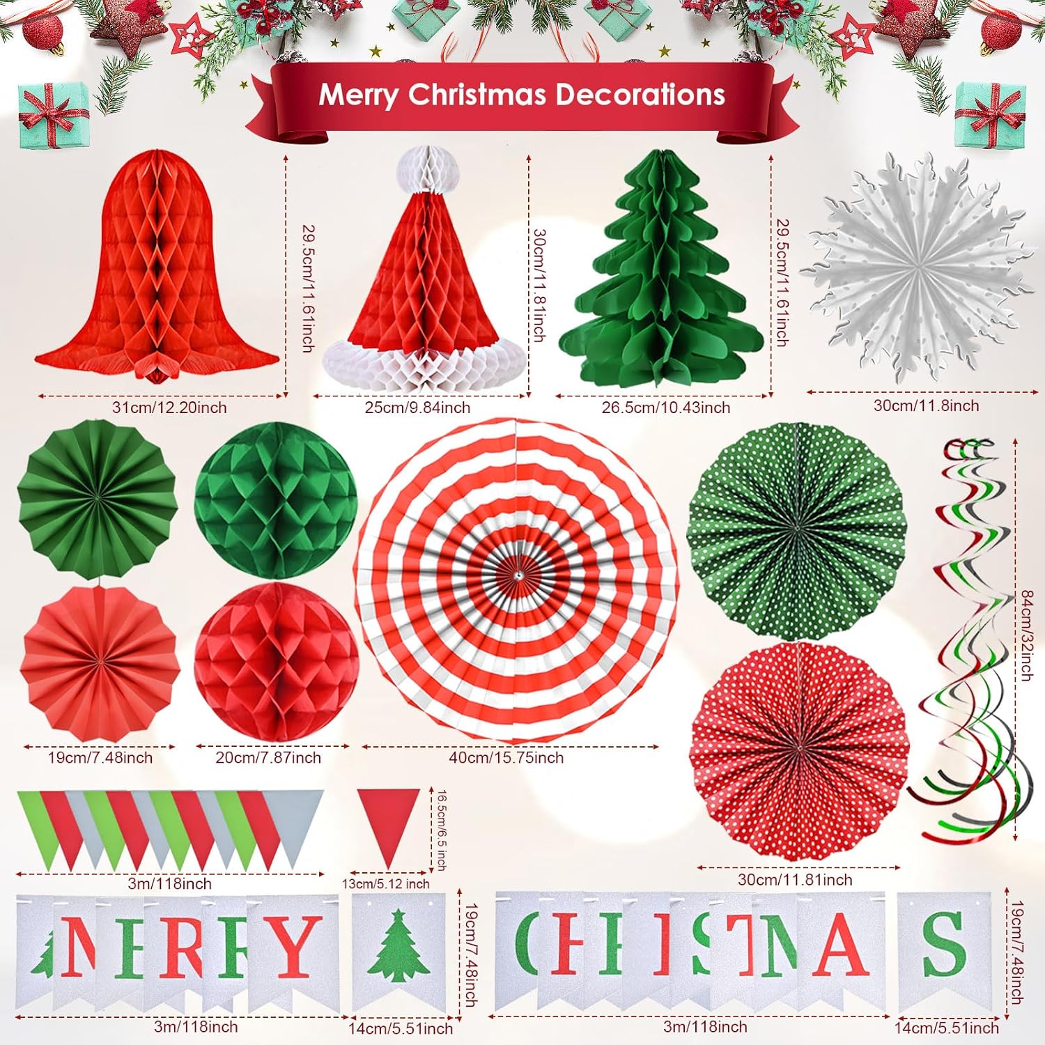 Christmas Party Decorations - Reusable Indoor Decor Kit With Merry Christmas Sign Banner, Pennant Banner & Hanging Paper Tissue Fan Tree Garland