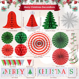 Christmas Party Decorations - Reusable Indoor Decor Kit With Merry Christmas Sign Banner, Pennant Banner & Hanging Paper Tissue Fan Tree Garland