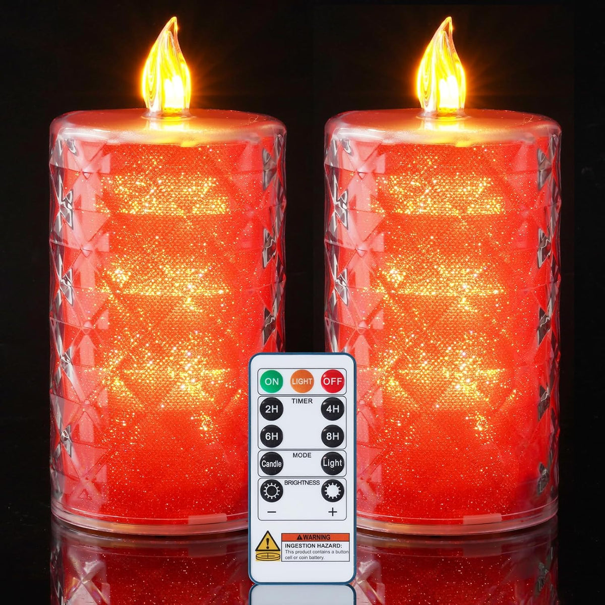 Battery Operated Candles With Remote, 2 Pcs Timer Flickering Led Fake Candles, Flameless Candle With Crystal Shell And Embedded Glitter For Wedding, Home & Christmas Decor, Red