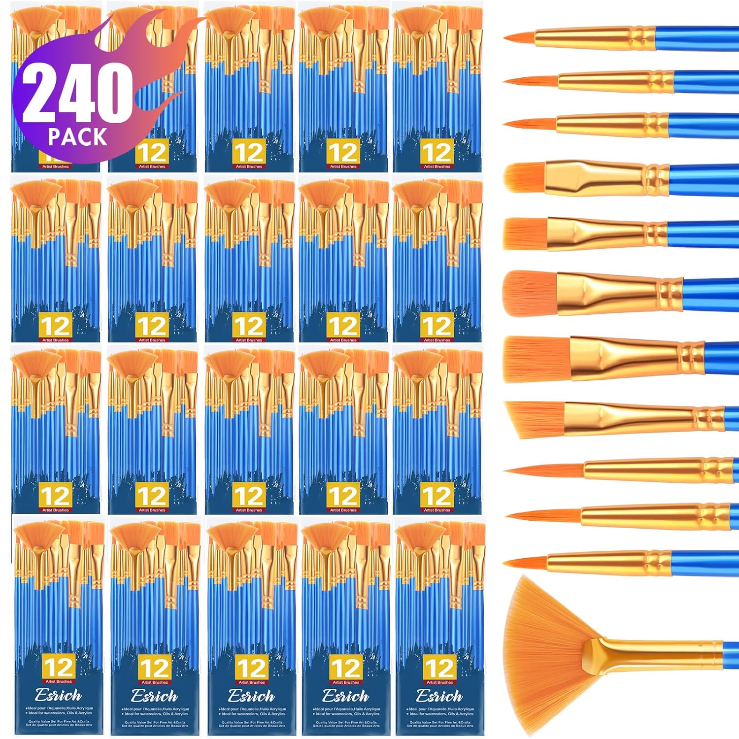 Paint Brushes Set,20 Pack 240 Pcs Nylon Hair Paintbrushes Round-Pointed Tip Paint Brush,Artist Paint Brushes For Acrylic Painting,Acrylic Oil Watercolor Face Arts,Kids Adult Drawing