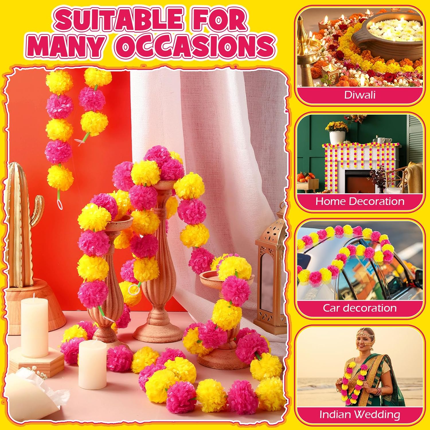 10 Pcs 5 Ft Marigold Garland Day Of The Dead Artificial Marigold Flowers Garland For Wedding Indian Diwali Decoration, Dia De Los Muertos Decoration (Yellow And Purple)